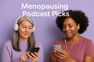 women choosing podcasts on their mobile phones to listen to