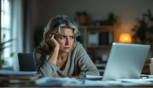 woman at desk with laptop looking confused