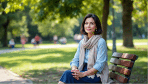physcological experiences during menopause woman sitting on a bench in a park